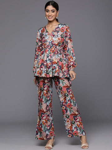 Beige Abstract Printed V-Neck Angrakha Style Top Paired With Tonal Printed Flared Bottom